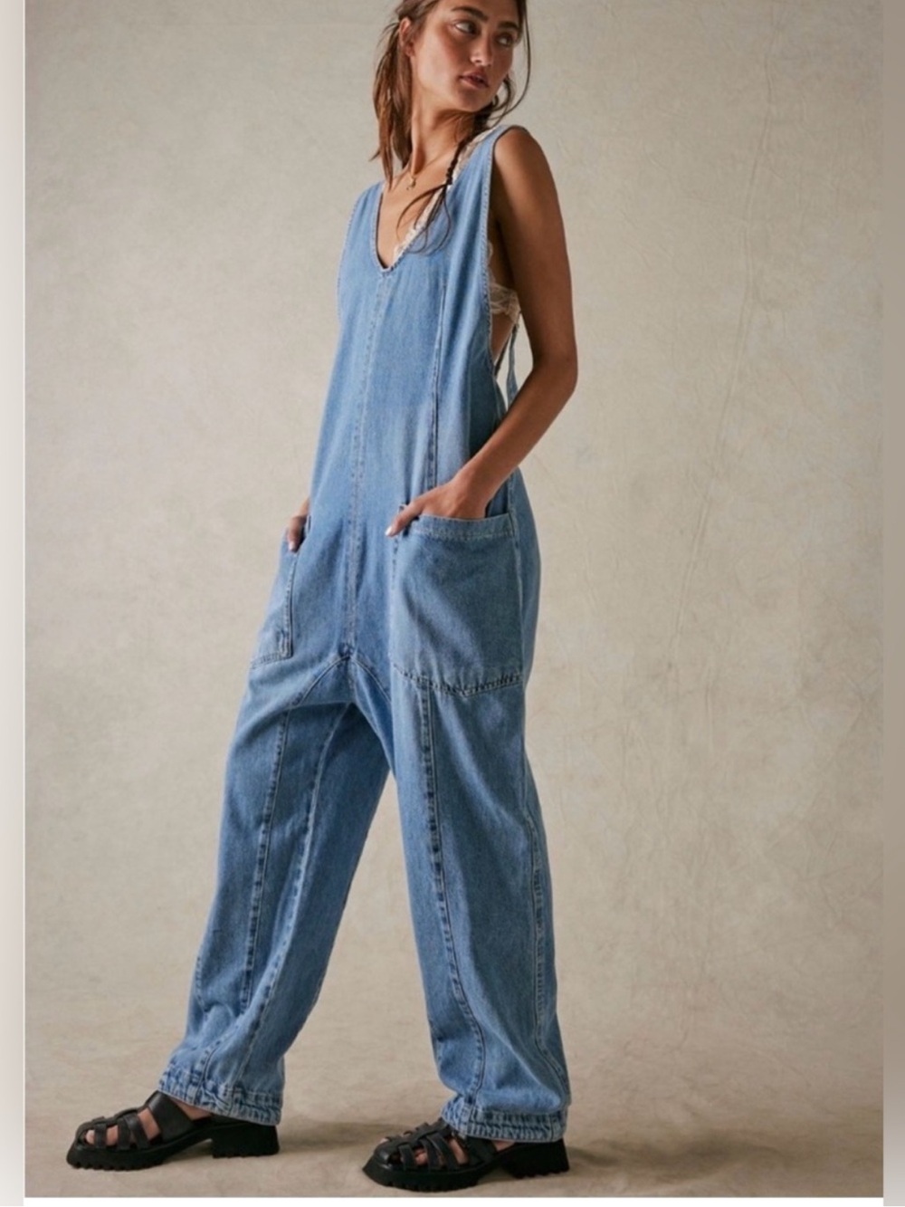 Free People Light Blue Washed Denim Utility Overalls